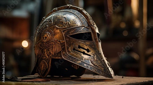 Roman Legionnaire's helmet with intricate engravings on rustic table