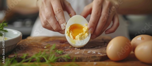 photo of a person peeling a boiled egg on a wooden table, closeup photo