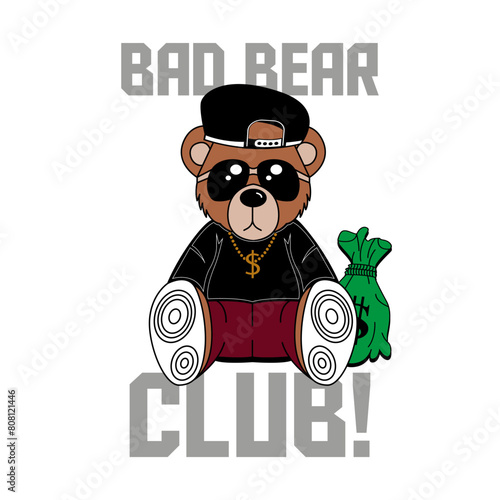 vector image rich rapper teddy bear with gold necklace saying bad bear club. Vector for silkscreen, dtg, dtf, t-shirts, signs, banners, Subimation Jobs or for any application