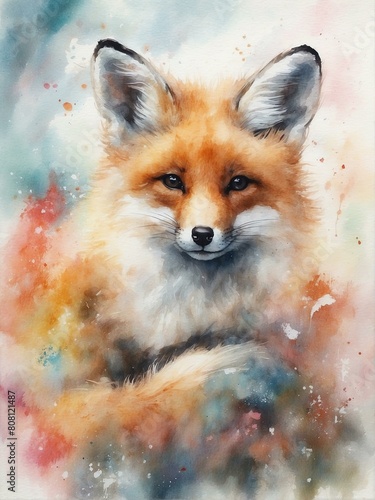Colorful watercolor illustration of a fox surrounded by splashes