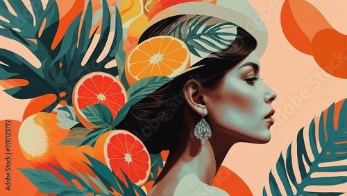 Elegant woman with tropical fruit and foliage double exposure
