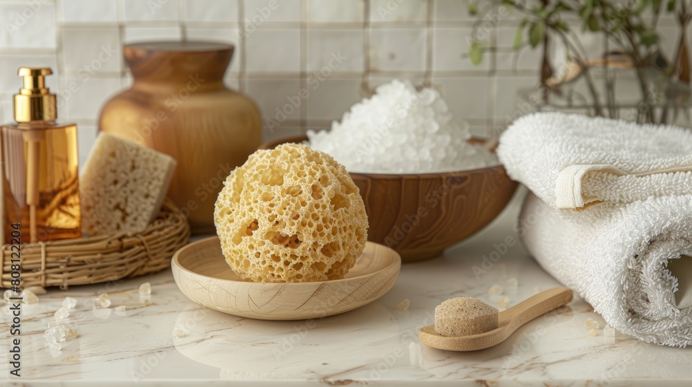 A bathroom with a wooden bowl, a sponge, and a bottle of lotion A bathroom with a wooden bowl, a sponge, and a bottle of lotion