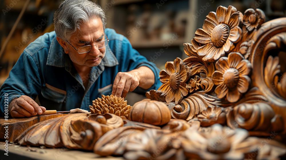 Focused elderly artisan delicately adjusting details on a complex wooden carving, highlighting his skill and artistic craftsmanship.