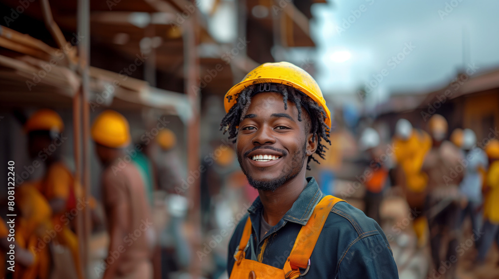 Young African construction worker with dreadlocks and a yellow helmet smiling confidently at a busy construction site. Young African construction worker with dreadlocks and a yellow helmet smiling confidently at a busy construction site.