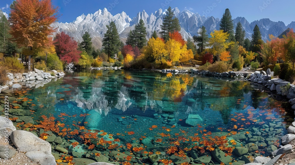 Naklejka premium Autumn Serenity: Round Lake Amid Mountain Foliage