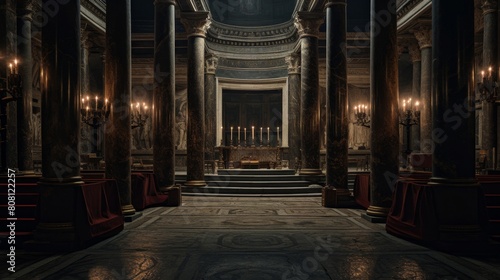 Dimly lit sanctum of the Roman Senate filled with relics photo
