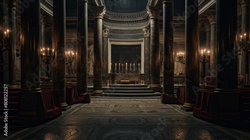 Dimly lit sanctum of the Roman Senate filled with relics