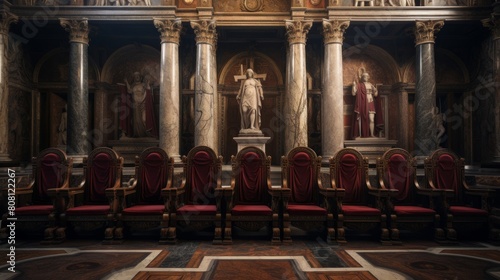 Dignified Roman senators on ornate chairs amidst scrolls photo