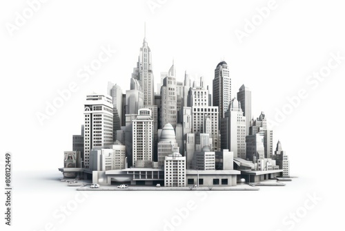 A black and white city made of buildings of different shapes and sizes.
