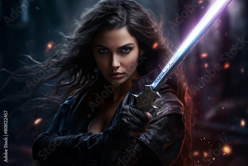 Fierce warrior maiden wielding a gleaming sword against dark foes © The Origin 33