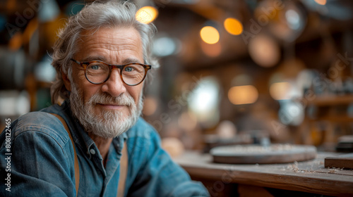Portrait of a cheerful elderly Caucasian man with a full grey beard and long hair, wearing glasses and a denim shirt, in a workshop setting.