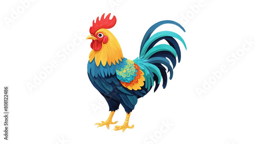 Colorful illustrated rooster with vibrant feathers and detail