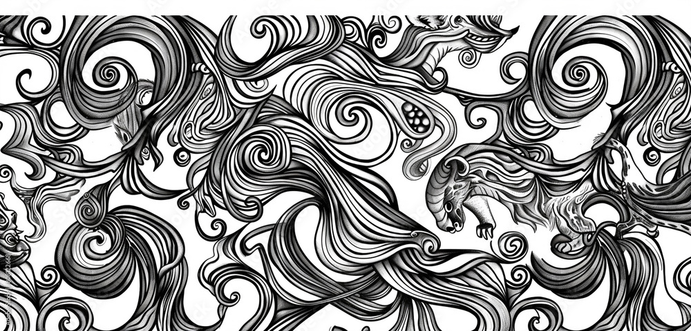 Intricate doodle of loops, curls, and animals in a black and white pattern. Intricate doodle of loops, curls, and animals in a black and white pattern.