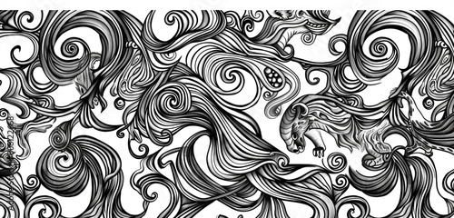 Intricate doodle of loops, curls, and animals in a black and white pattern.