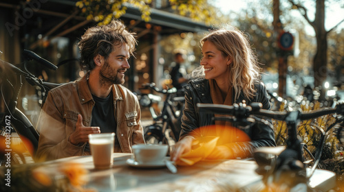 Cheerful couple enjoying coffee outdoors