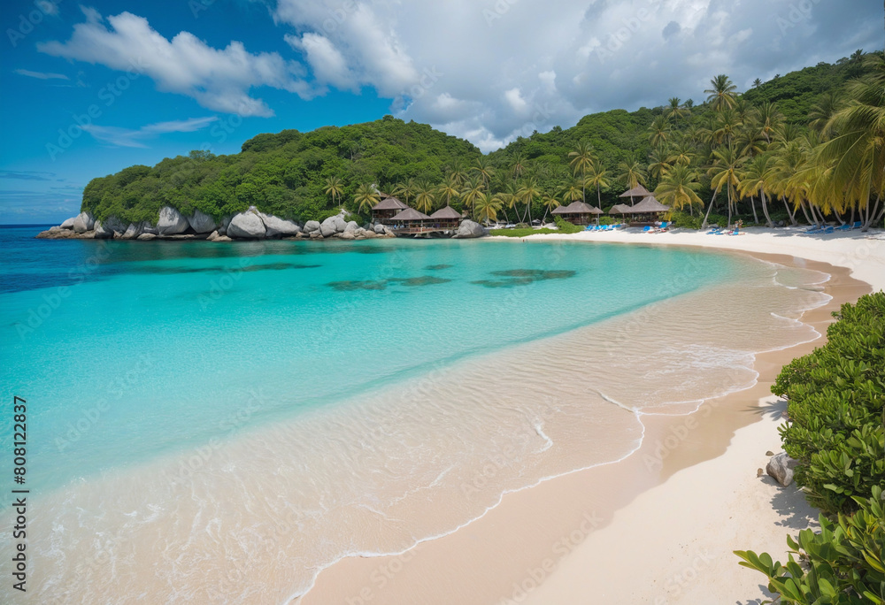Fototapeta premium Luxurious bungalow beach resort nestled on an idyllic tropical island in the crystal clear waters of the turquoise sea