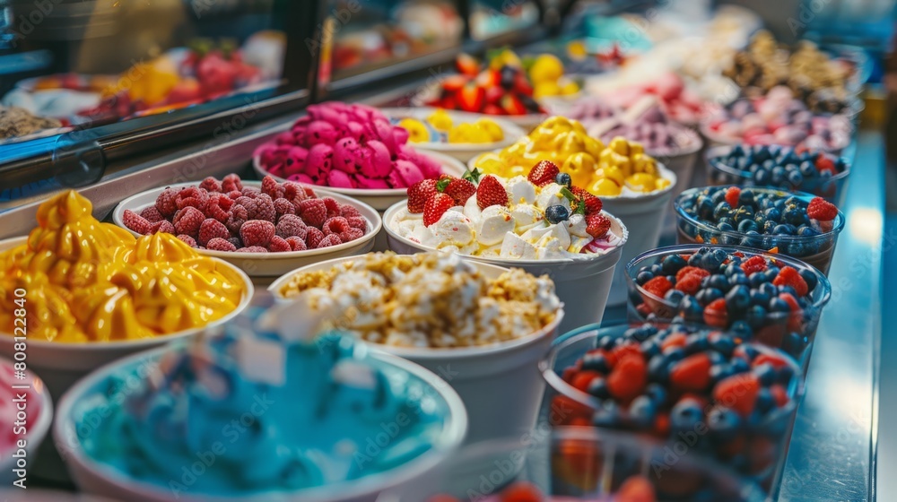 dessert toppings display, various vibrant toppings neatly arranged on the counter to enhance the fun and colorful frozen yogurt experience