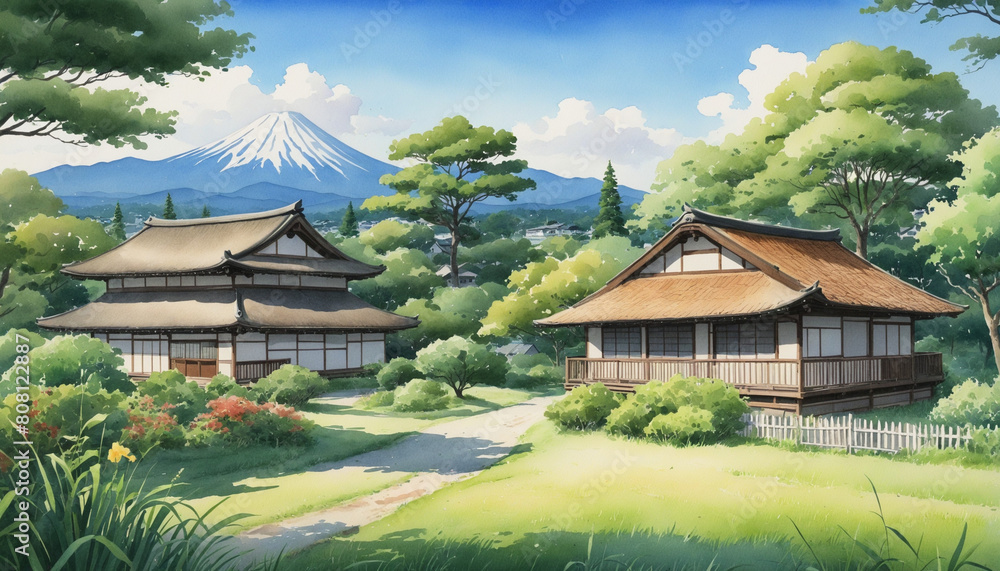 AI-generated watercolor depiction of a serene Japanese countryside scene AI-generated watercolor depiction of a serene Japanese countryside scene