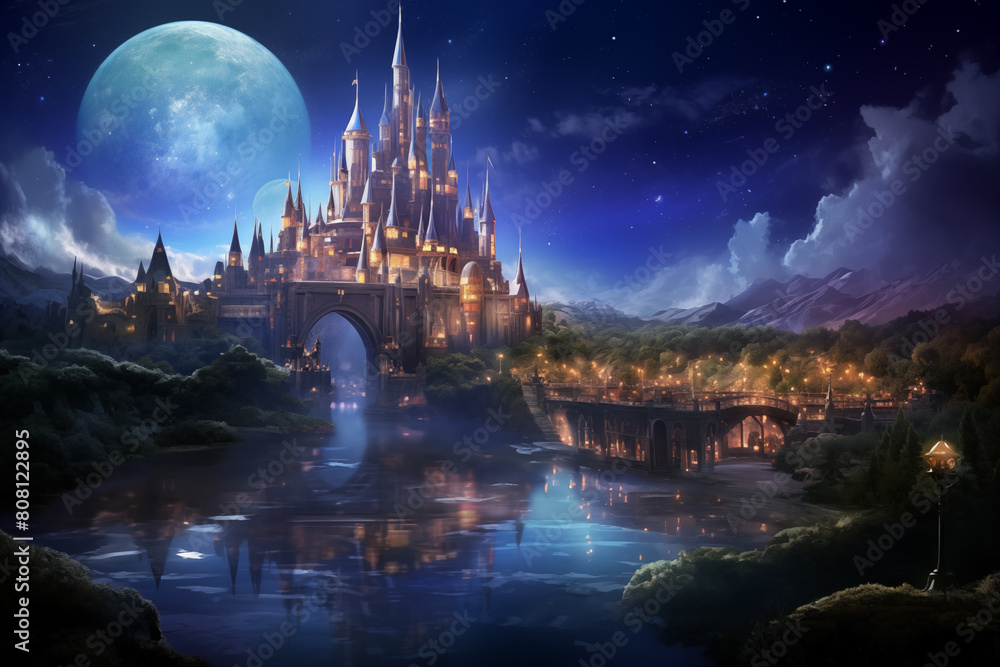 Fabled city of magic rising from the shores of a shimmering lake