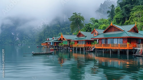 Waterfront Charm: Stilt Houses Amid Jungle River photo