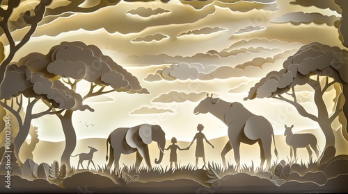 Intricate papercut of a family on a safari  observing paper animals in a papercut African savannah.