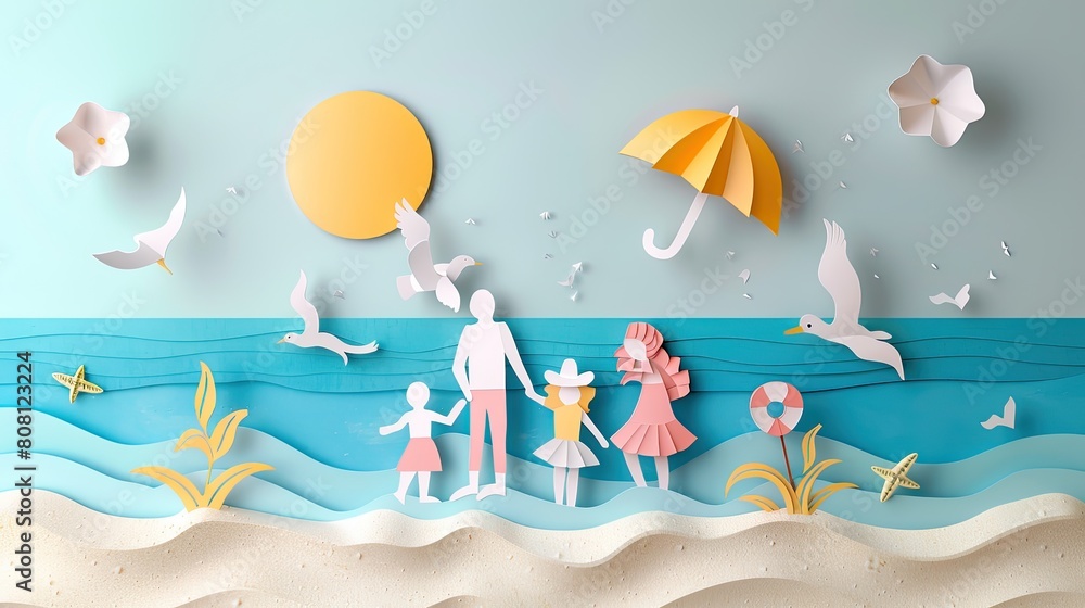 Joyful family on a beach vacation, papercut style, with a paper ocean, sand, and a bright sun in the background. Joyful family on a beach vacation, papercut style, with a paper ocean, sand, and a bright sun in the background.