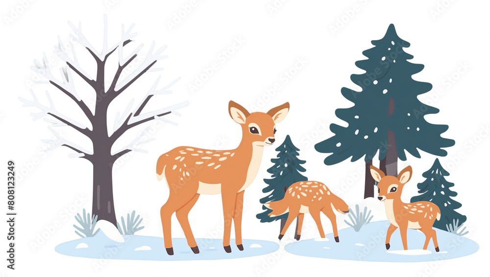Cute fawns in a snowy winter landscape with pine trees Cute fawns in a snowy winter landscape with pine trees