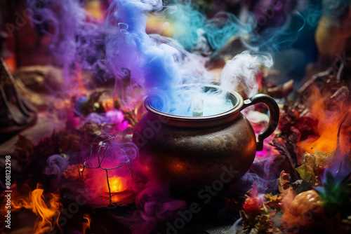 Magical potion brewing in a cauldron amidst a cloud of colorful smoke