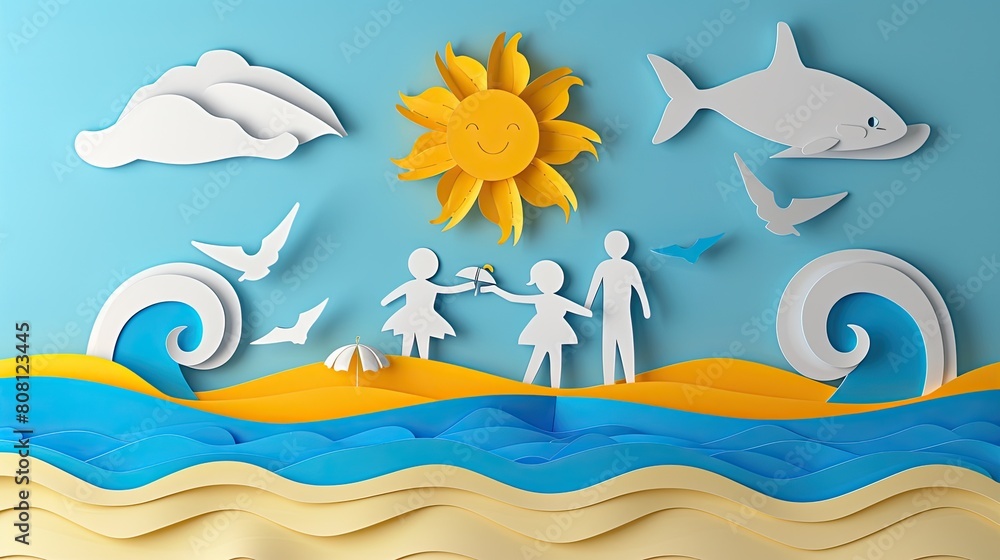 Joyful family on a beach vacation, papercut style, with a paper ocean, sand, and a bright sun in the background. Joyful family on a beach vacation, papercut style, with a paper ocean, sand, and a bright sun in the background.
