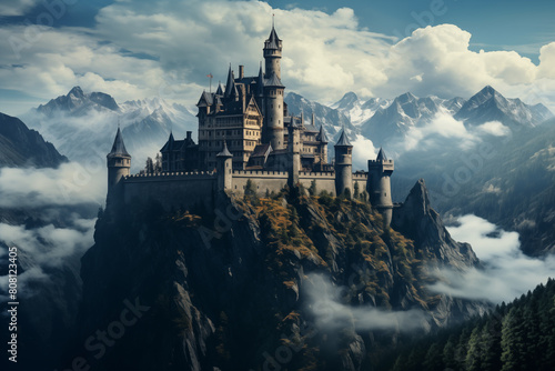 Towering castle perched atop a mountain in a land of fantasy