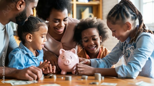 A family putting money into a piggy bank, teaching children about savings photo