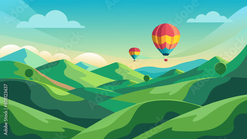 Above a valley of rolling green hills hot air balloons painted in a variety of colors race fiercely their shadows dancing across the landscape.. Vector illustration