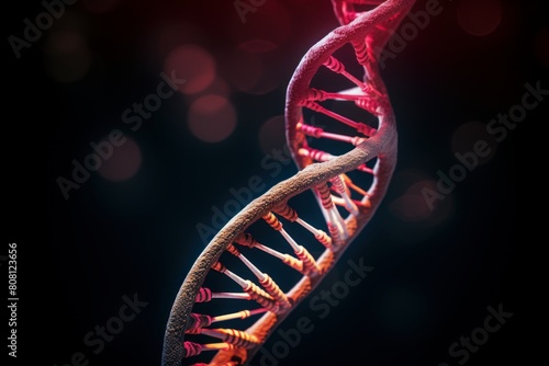 A glowing 3D rendering of DNA on a dark blue background photo