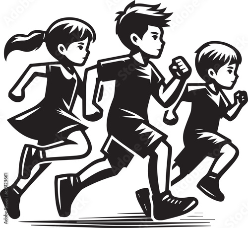 Running children vector silhouette Illustration. Set kids running silhouette vector illustration.
