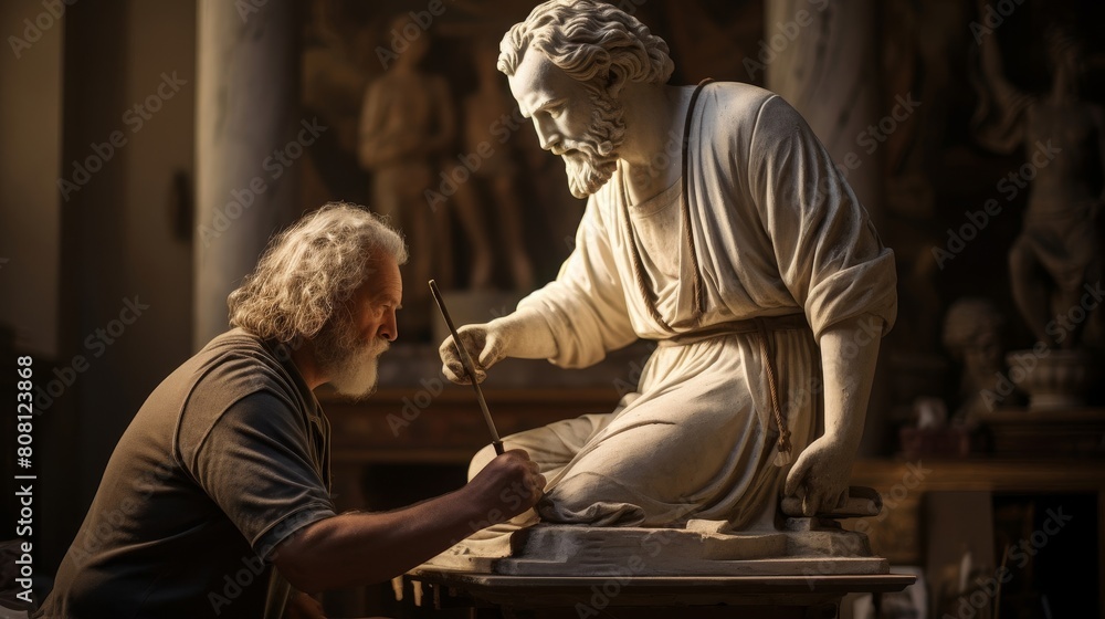 Roman sculptor chisels marble statue in sunlit studio