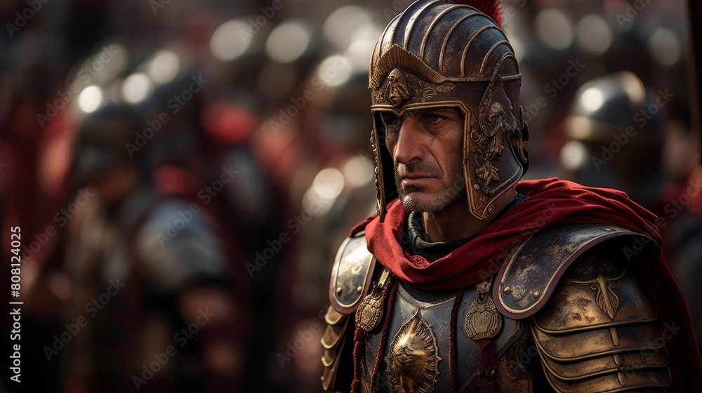 Roman centurion in lorica armor reviewing legion's formation before battle
