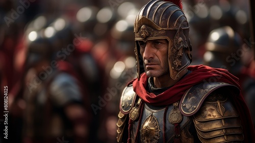 Roman centurion in lorica armor reviewing legion's formation before battle photo