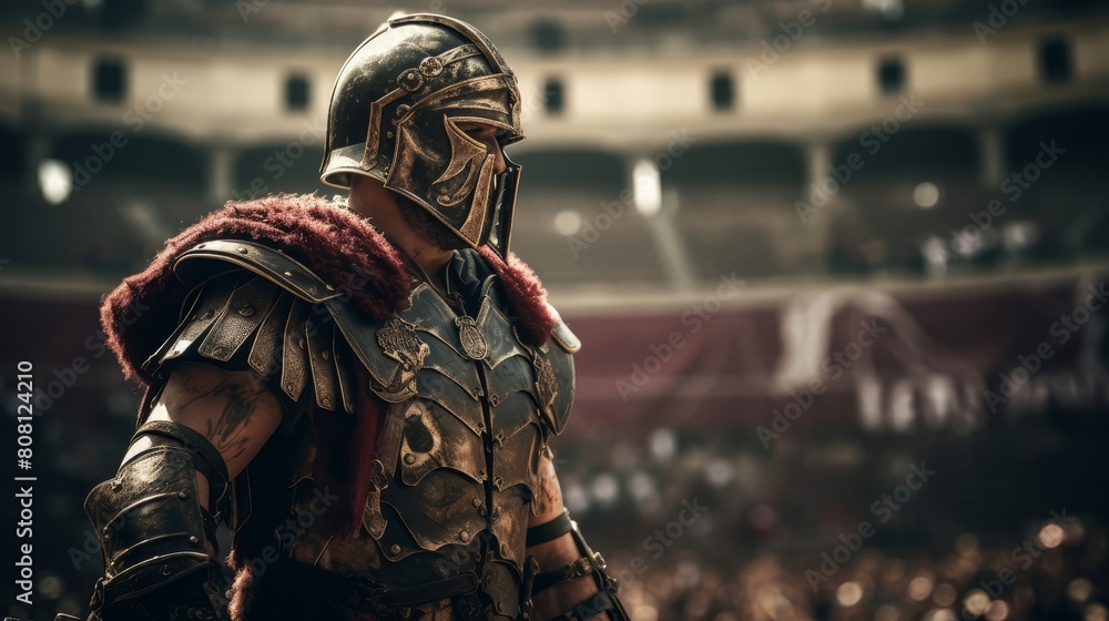 Roman gladiator saluting crowd before fierce battle Roman gladiator saluting crowd before fierce battle