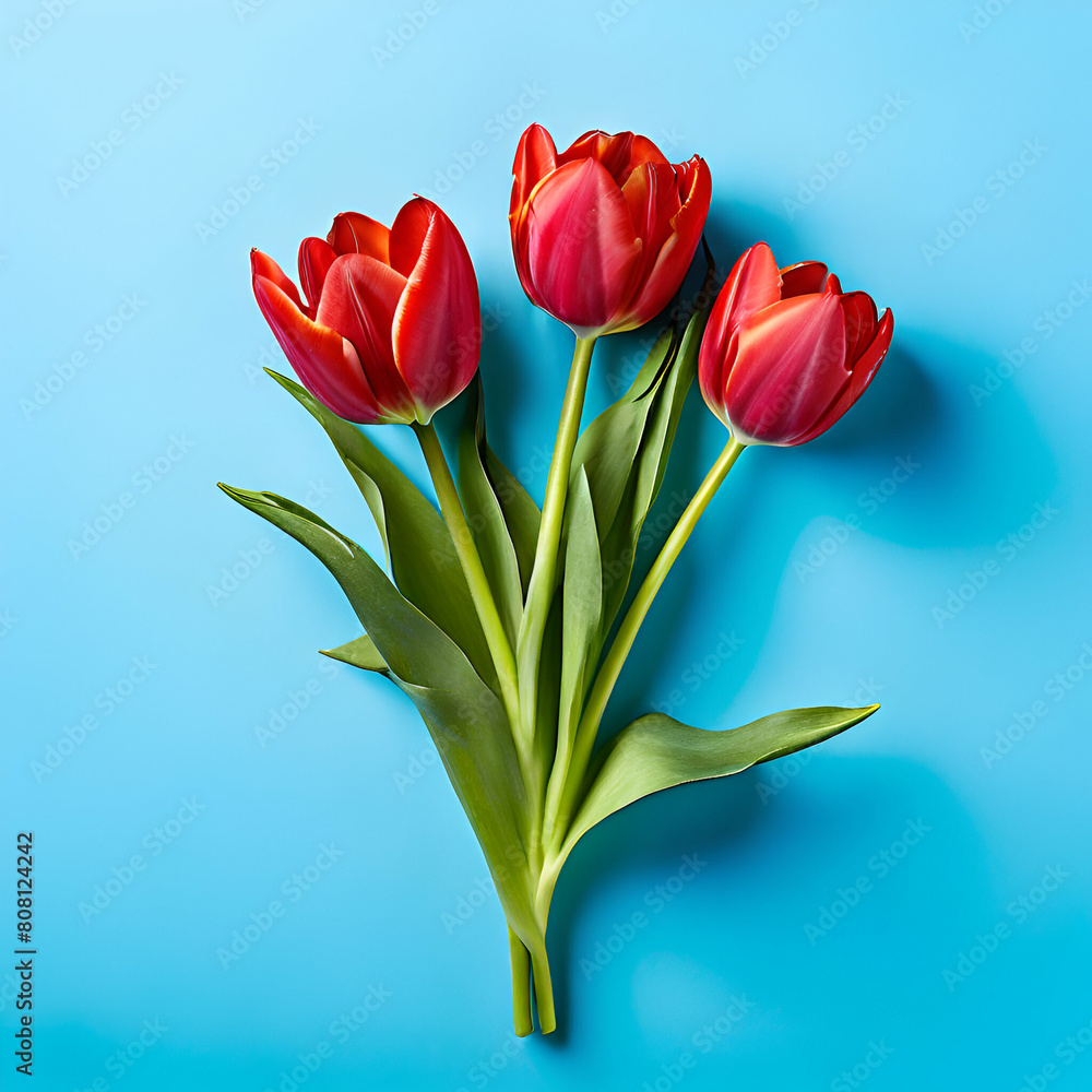 Naklejka premium bouquet of red tulip on blue background top view,bouquet, springtime, wedding, copy space, romance, love, no people, surprise, greeting, mother, birthday, valentine, easter, colourful, colours, petal,