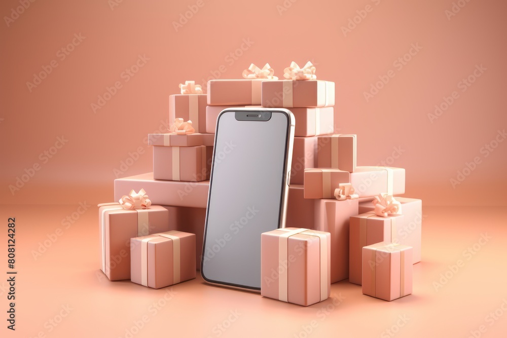 A pink phone sits in front of a stack of pink presents with ribbons. A pink phone sits in front of a stack of pink presents with ribbons.