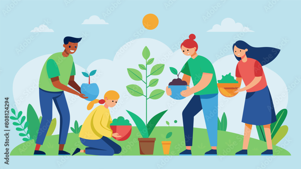A group session involving gardening and planting activities fostering a sense of responsibility and nurturing while connecting with the earth..