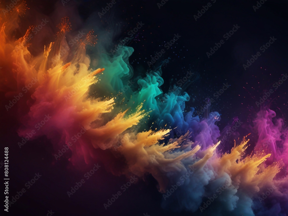 Colorful vibrant glittering fireworks Background with glow smoke and confetti banner ai generative