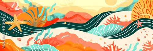 Colorful abstract illustration of ocean landscape with waves, coral and starfish, background banner. Panoramic web header. Wide screen wallpaper