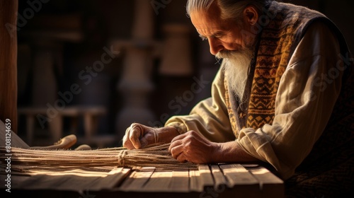 Roman weaver meticulously creating intricate patterns on handloom photo