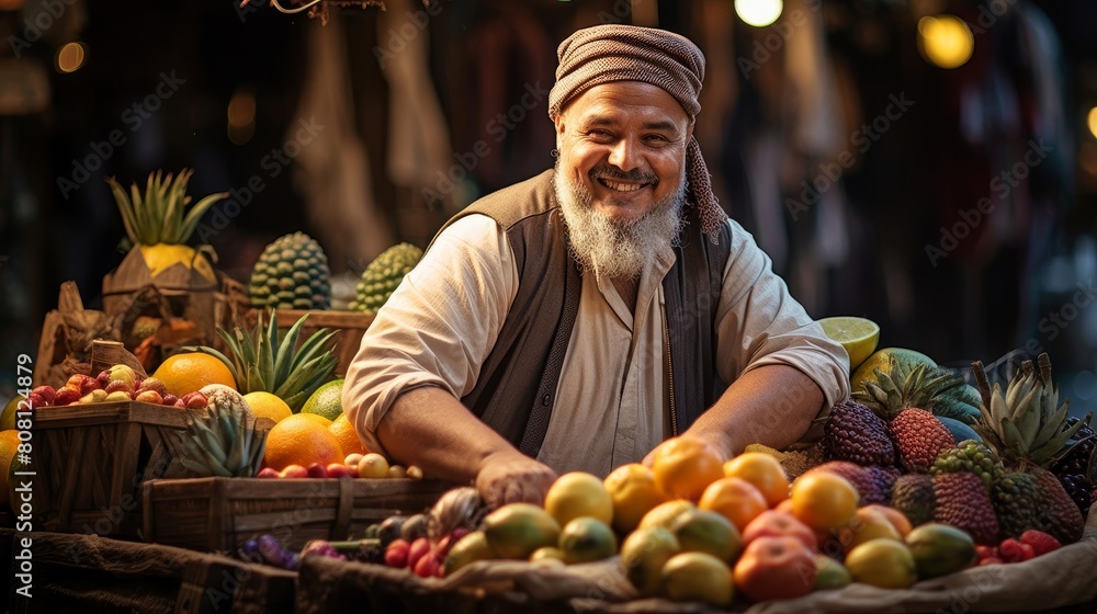 Fototapeta premium Roman street vendor selling exotic fruits and spices in bustling square