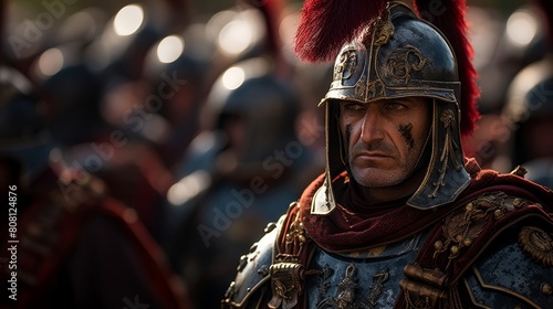 Centurion in meticulously detailed armor reviewing legion's formation