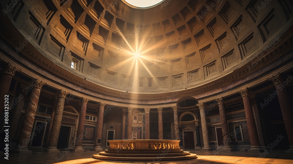 Pantheon's dome sunlight streaming in statues of Roman gods