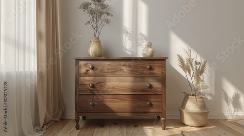 furniture placement, the elegant wooden dresser complements the white walls, adding warmth and texture to the room for a serene atmosphere promoting tranquility and order