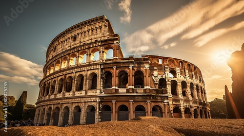 Roman Colosseum's exterior monumental arches glowing sunset