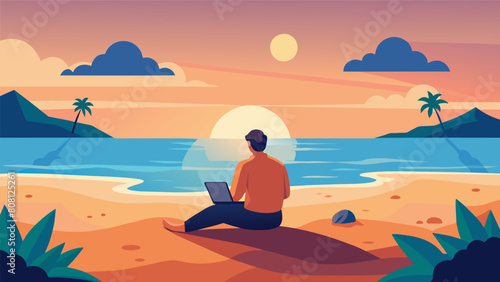 A traveler sitting crosslegged on a remote beach watching the sunset with no one else in sight.. Vector illustration
